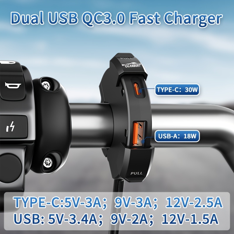 12v 24v motorcycle phone charger fast charger usb port type c 18w 30w dual ports handlebars 0