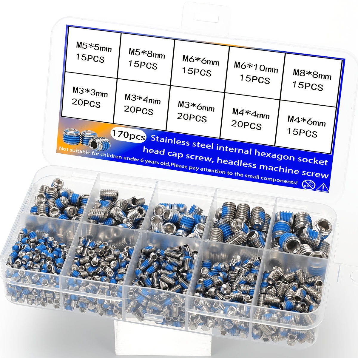 TEMU 170pcs Stainless Steel Hex Socket Head Screws, M3-m8 Locking Screws, Set Screws With Anaerobic Adhesive, Concealed Screws, Screws