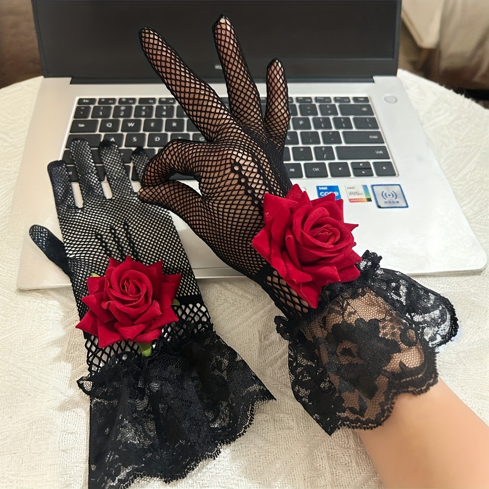 TEMU 1 di Guanti con Decorazioni di Fiori Artificiali a Rosa 3D, Rete da Pesca e Bordo in Pizzo