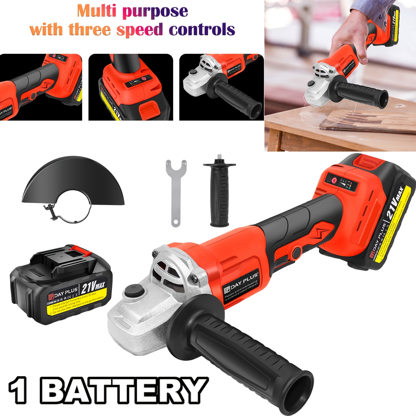 Image of 180w 21v Cordless Angle Grinder With Battery And Charger, 3-speed Grinder For Grinding, Polishing Metal, Wood, Tile