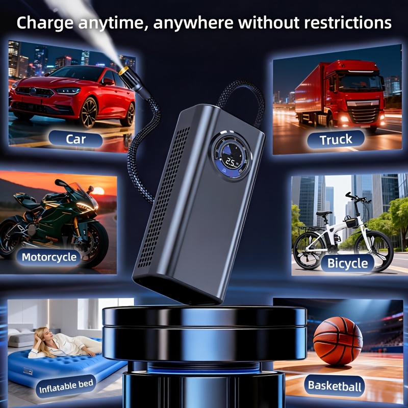 Portable Car Tire Inflator, Car Air Pump for Rapid Inflation, Fast Charging USB Port, with Tire Pressure Gauge, 3000mAh Lithium Battery, Rapid Charging, Suitable for Cars, Bicycles, Motorcycles, Sports Balls, High-Efficiency Motor, Quick Inflation