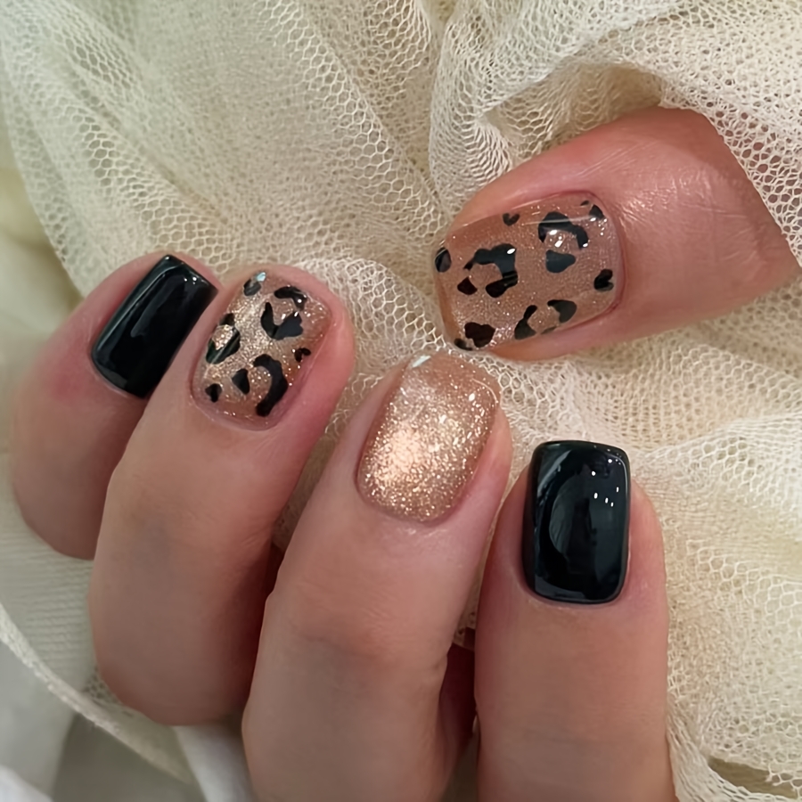 TEMU 24pcs Short Bright Square Armor Champagne ' S Eye Leopard Print Black Golden Solid Color Nail Art Patch Sexy All-match White Wear Armor Daily