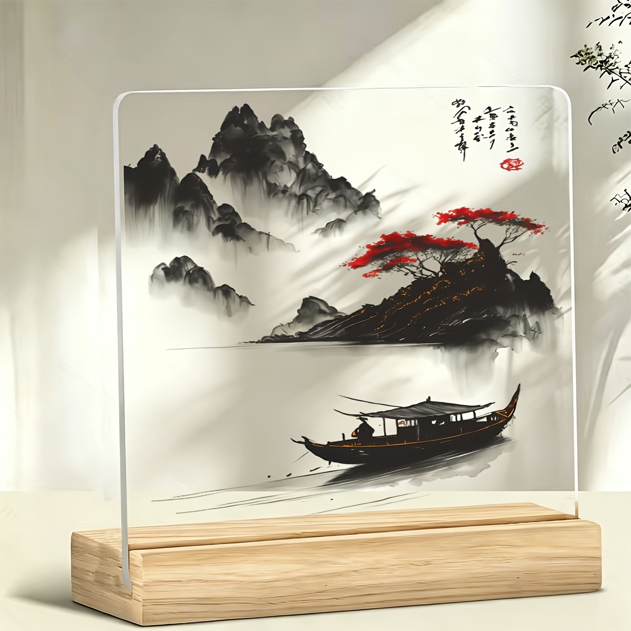 TEMU 1pc Ink Wash Landscape Boat Pattern Tabletop Decoration Suitable For Work, Office Desk Decoration, Paperweight, Study, Bar Table Placement,