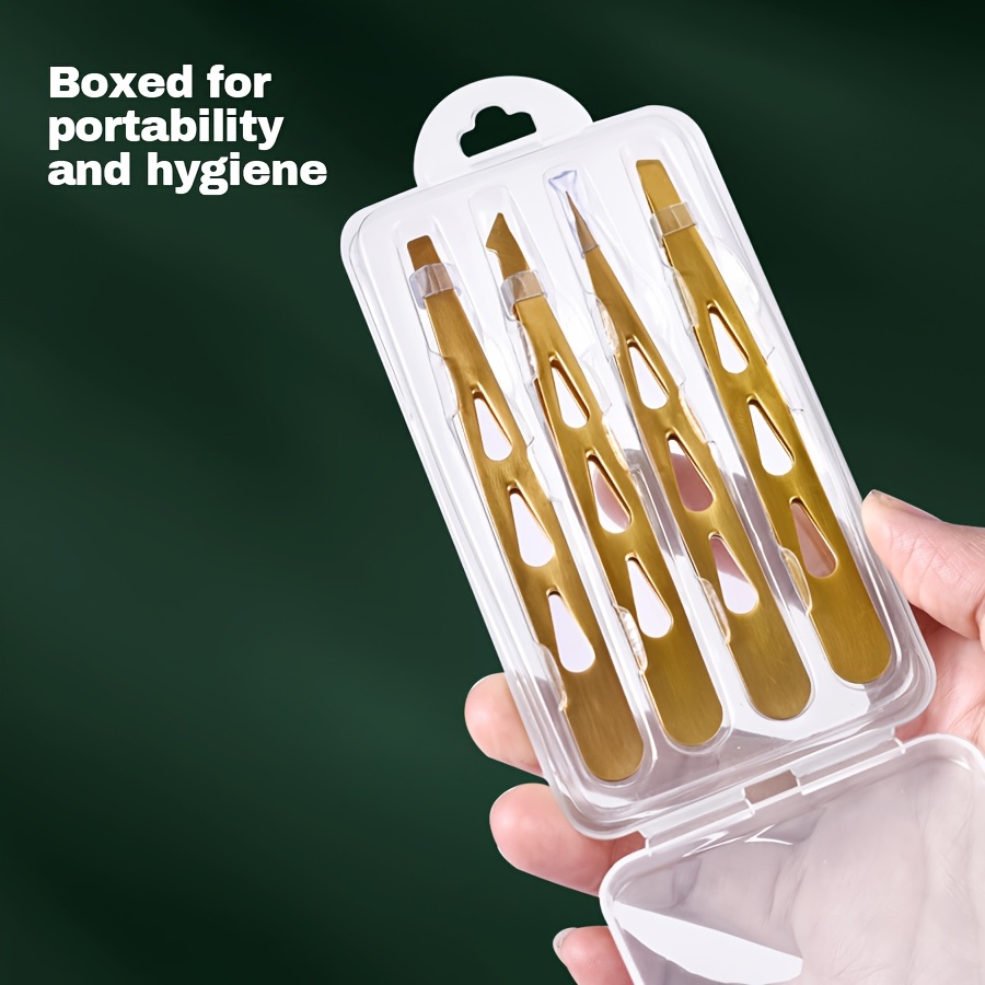 E-shop Augenbrauenpinzetten-Set aus goldenem Edelstahl, 4-teilig: Gerade, schräge, spitze gebogene Spitzen, Augenbrauenpflege-Pinzetten-Set