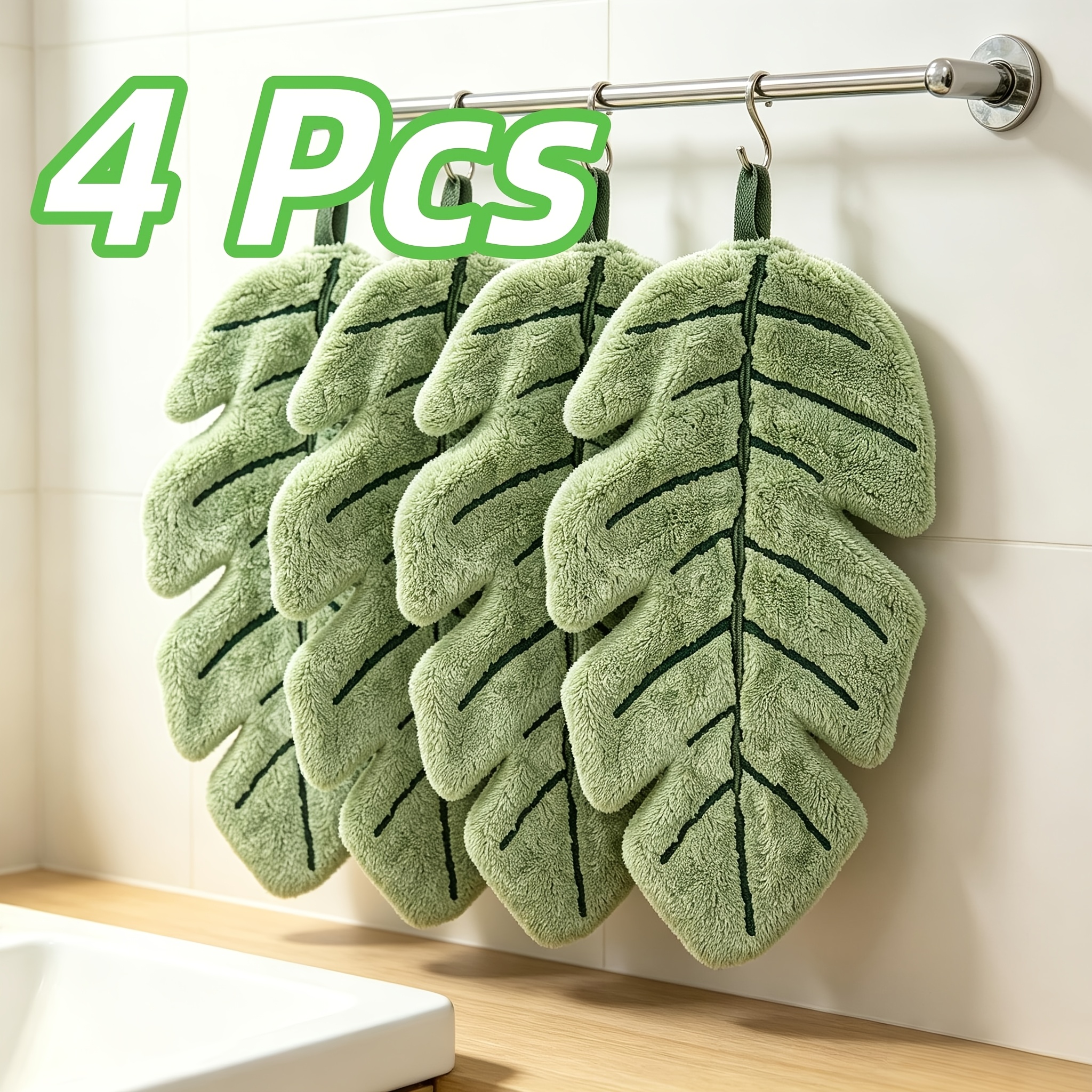 TEMU Set Of 4 Monstera Leaf-shaped Hanging Fingertip Towels, Leaf Design Kitchen And Bathroom Hanging Hand Towels, Portable Hand Towels For Home