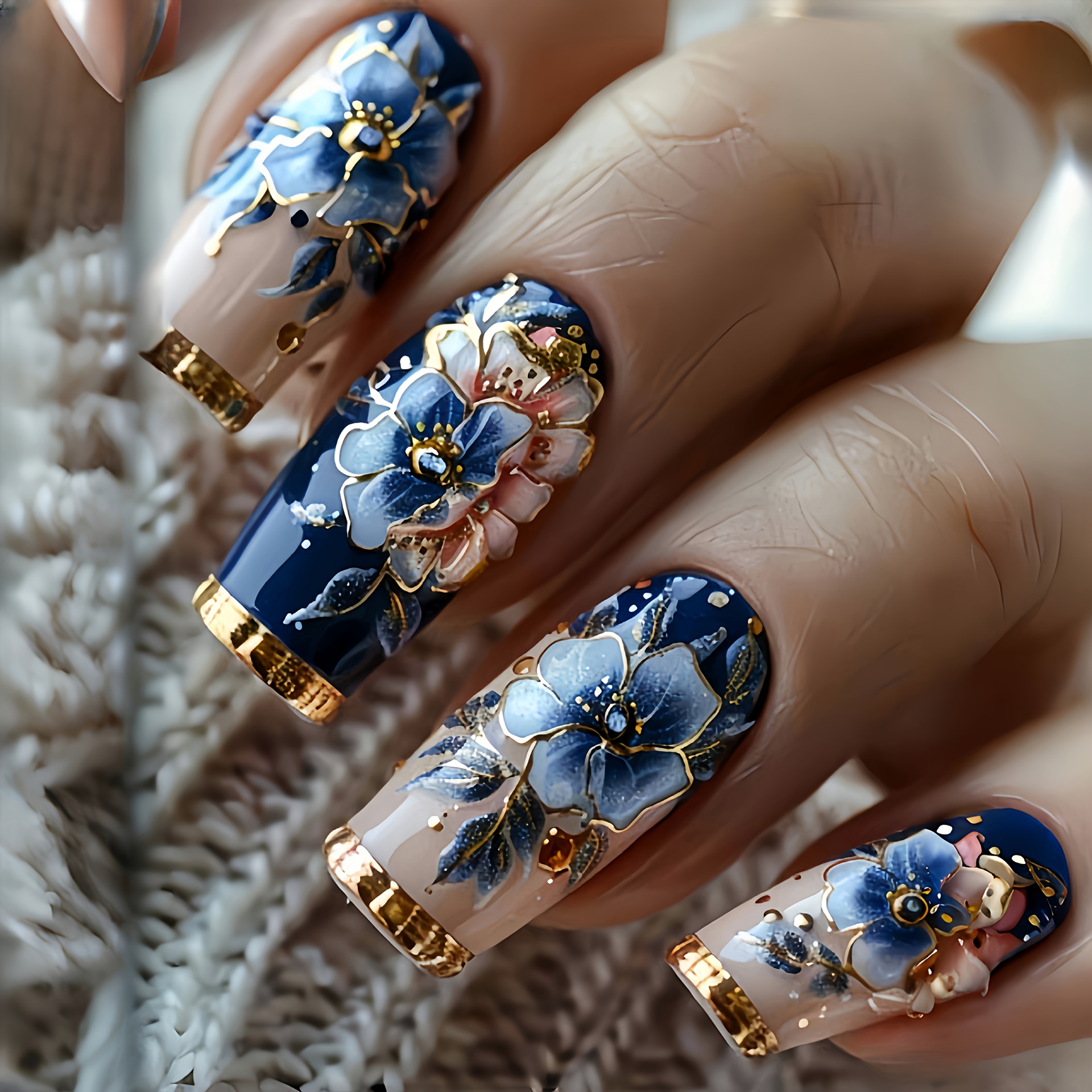 TEMU 24pcs Chinese Ballet Fake Nails, Vintage Blue And Golden 3d Flower Wearing Armour Court Style Gem Nail Art Long White Fake Nails Suit