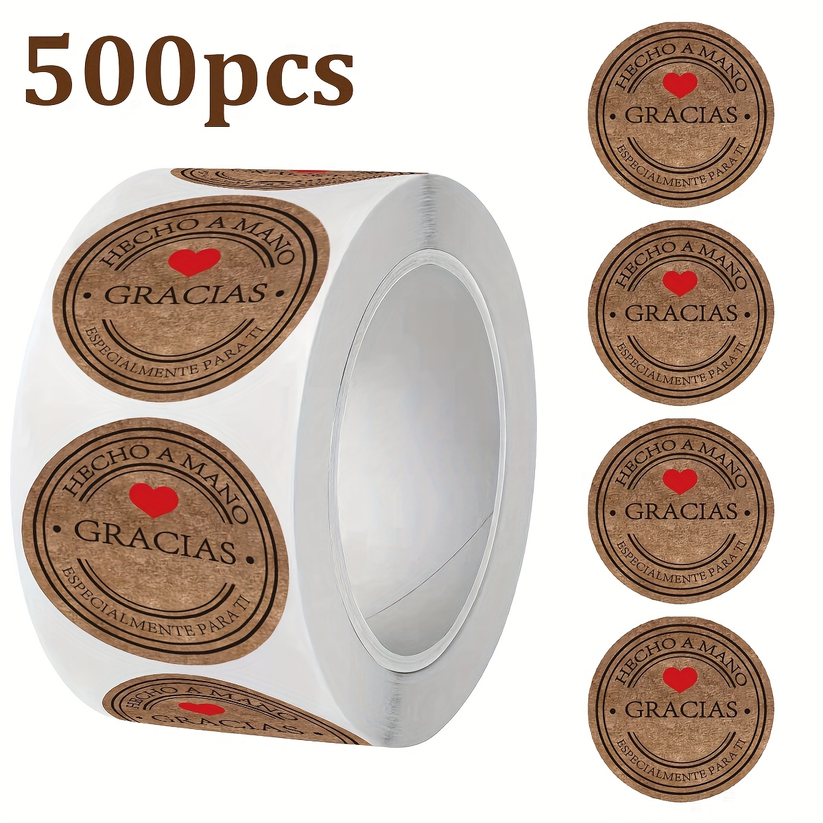 500 Hojas/Rollo Decoración Festiva para Hornear, Rollo de Papel Kraft Natural Redondo, Rama de Olivo, Adhesivos de Etiquetas Decorativas Hechas a Mano con Diseño de Amor