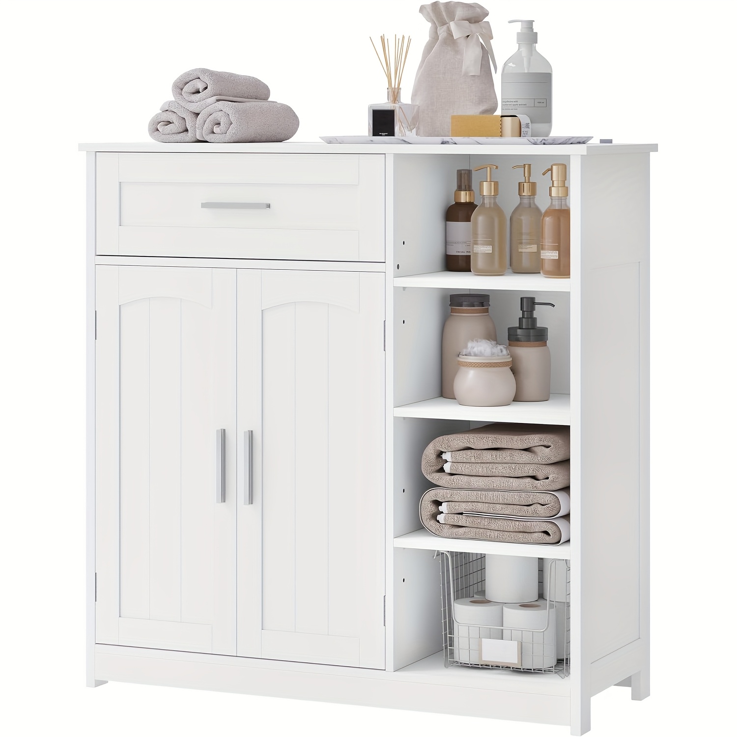 Image of 1pc Bathroom Cabinet, Bathroom Furniture, Storage Function Bathroom Cabinet, Narrow Storage Cabinet With 1 Drawer, 2 Doors, Adjustable Shelves, Vertical, Chest Of Drawers, 80 X 80.5 X 30cm, White