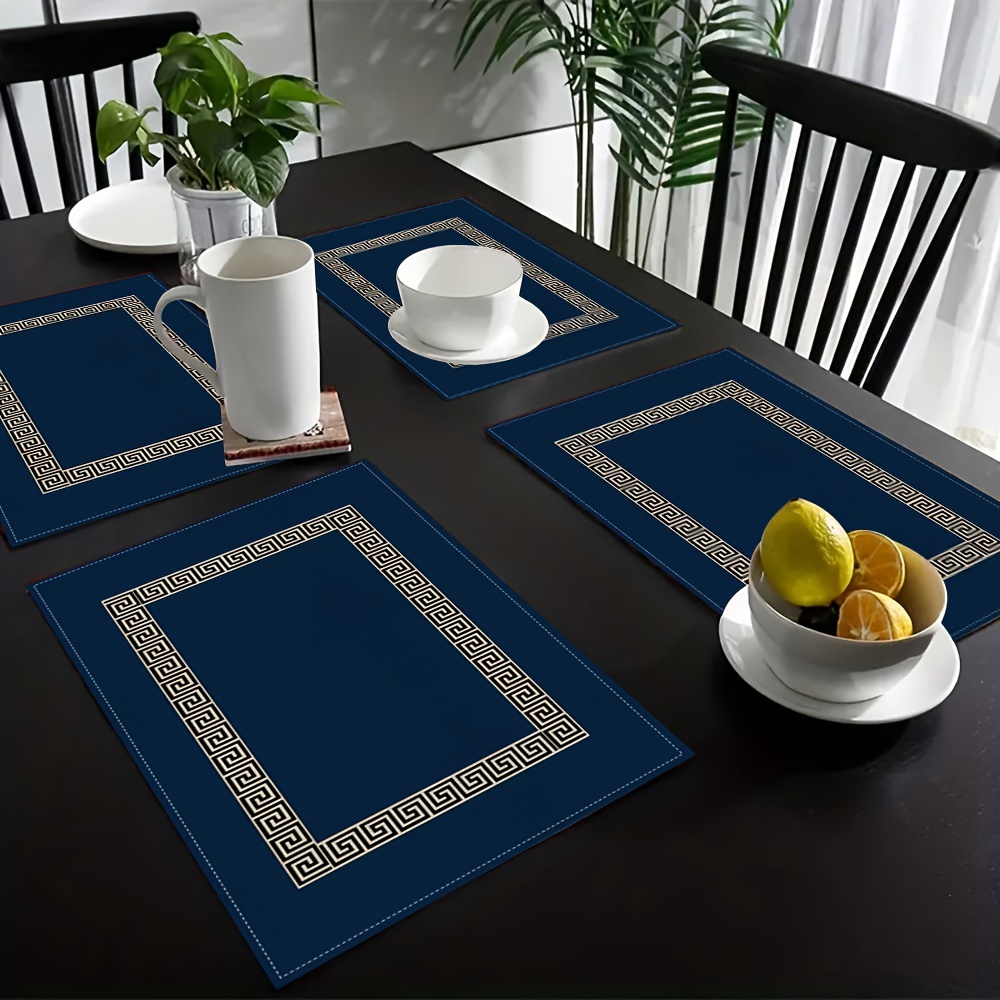 

4/6pcs Blue Placemats Set, Heat-resistant & Waterproof, Chinese Style Solid Color, Square Polyester Table Mats For Holiday Banquets, Parties, Daily Dining & Home Decor, Machine Washable