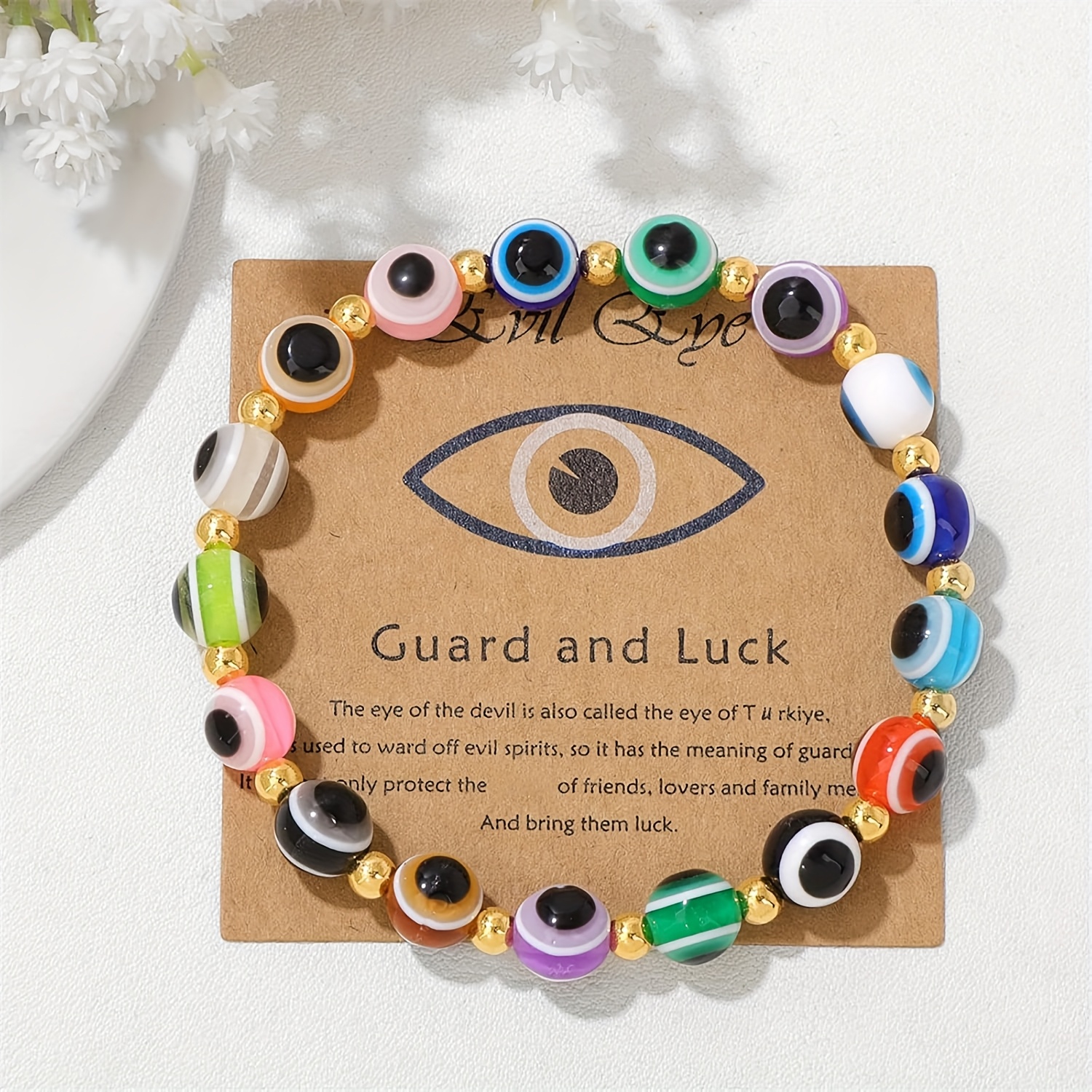Evil Eye Protection Bracelet, Adjustable Elastic & Golden Beaded Jewelry