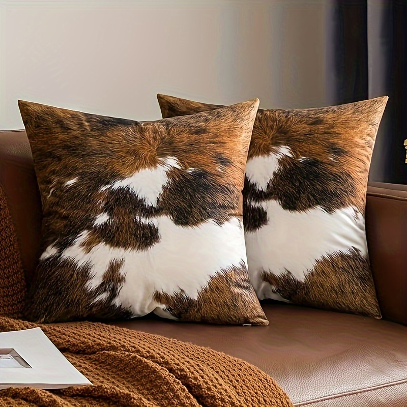 

2pcs Animal Cow Fur Printed Short Plush Throw Pillow Covers, Contemporary Style, Hand Washable, Zipper Closure, Polyester, Decorative Cushion Cases For Various Room Types, 18x18 Inch Woven Covers