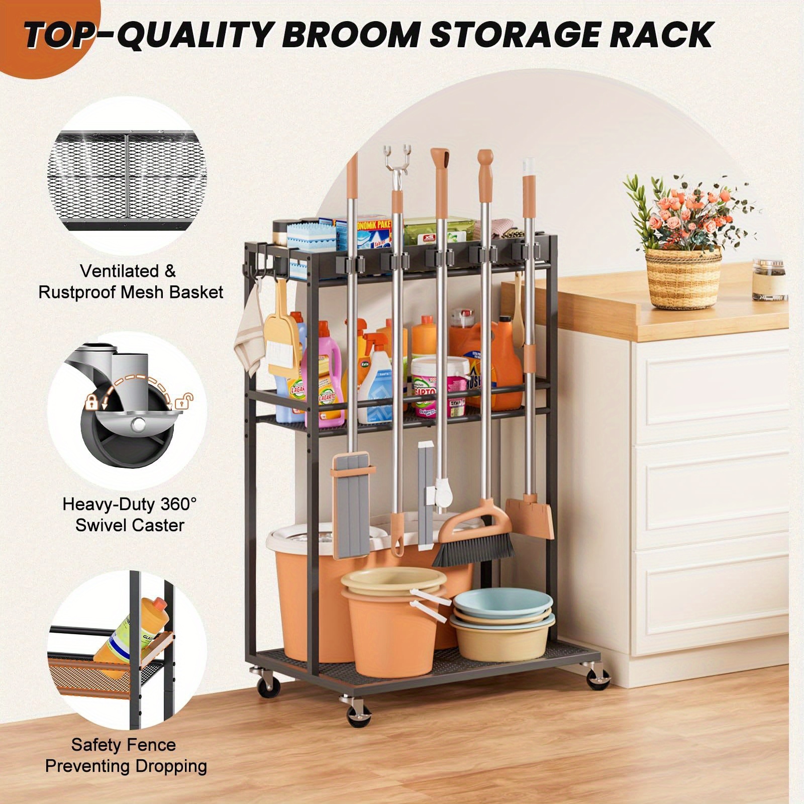 Broom Holder with Cleaning Supplies Organizer for Laundry Room
