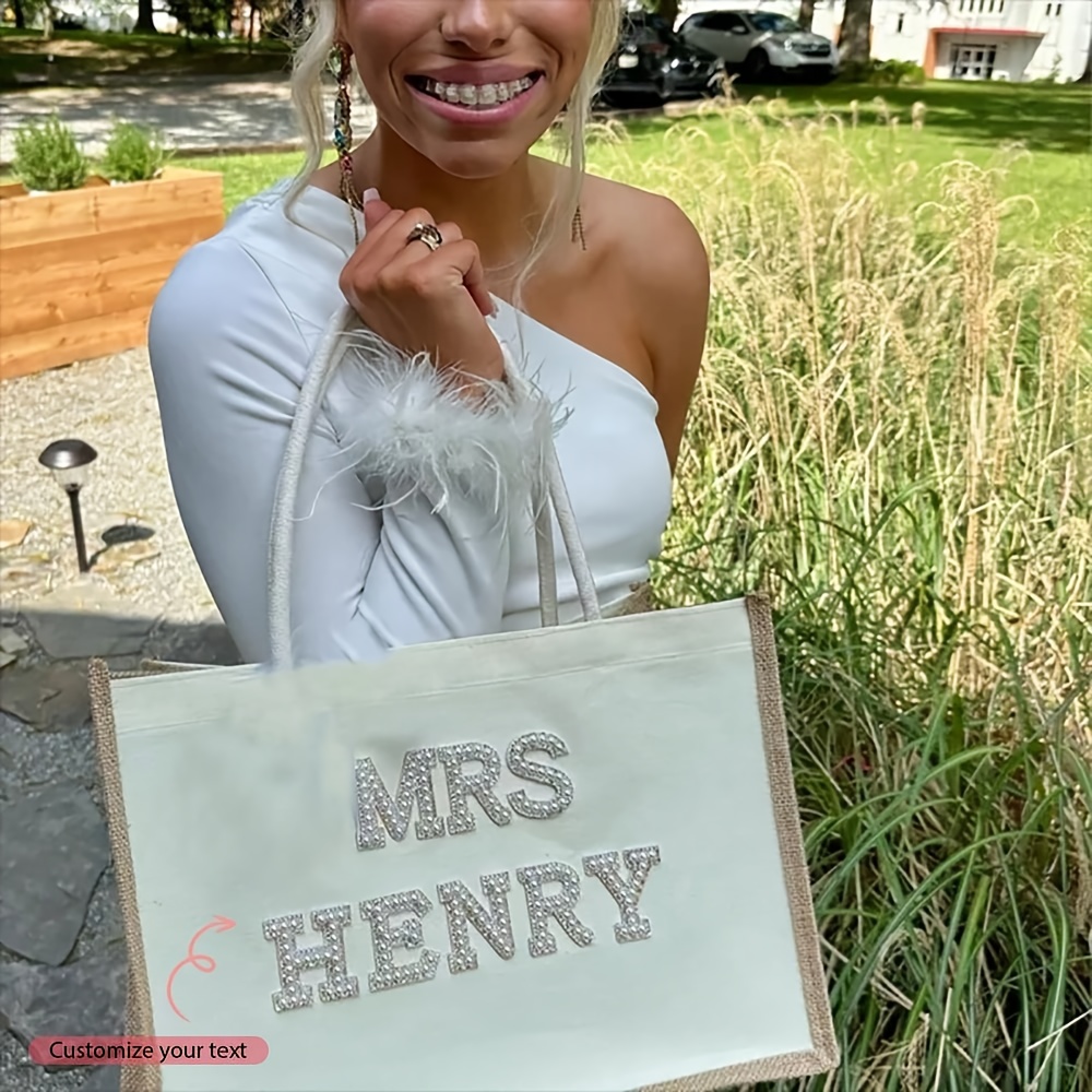 TEMU Personalized Custom Name Burlap Tote Bag Summer Beach Pool Rustic Boho Wedding Engagement Bachelorette Hen Party Bridal Shower Honeymoon Trip
