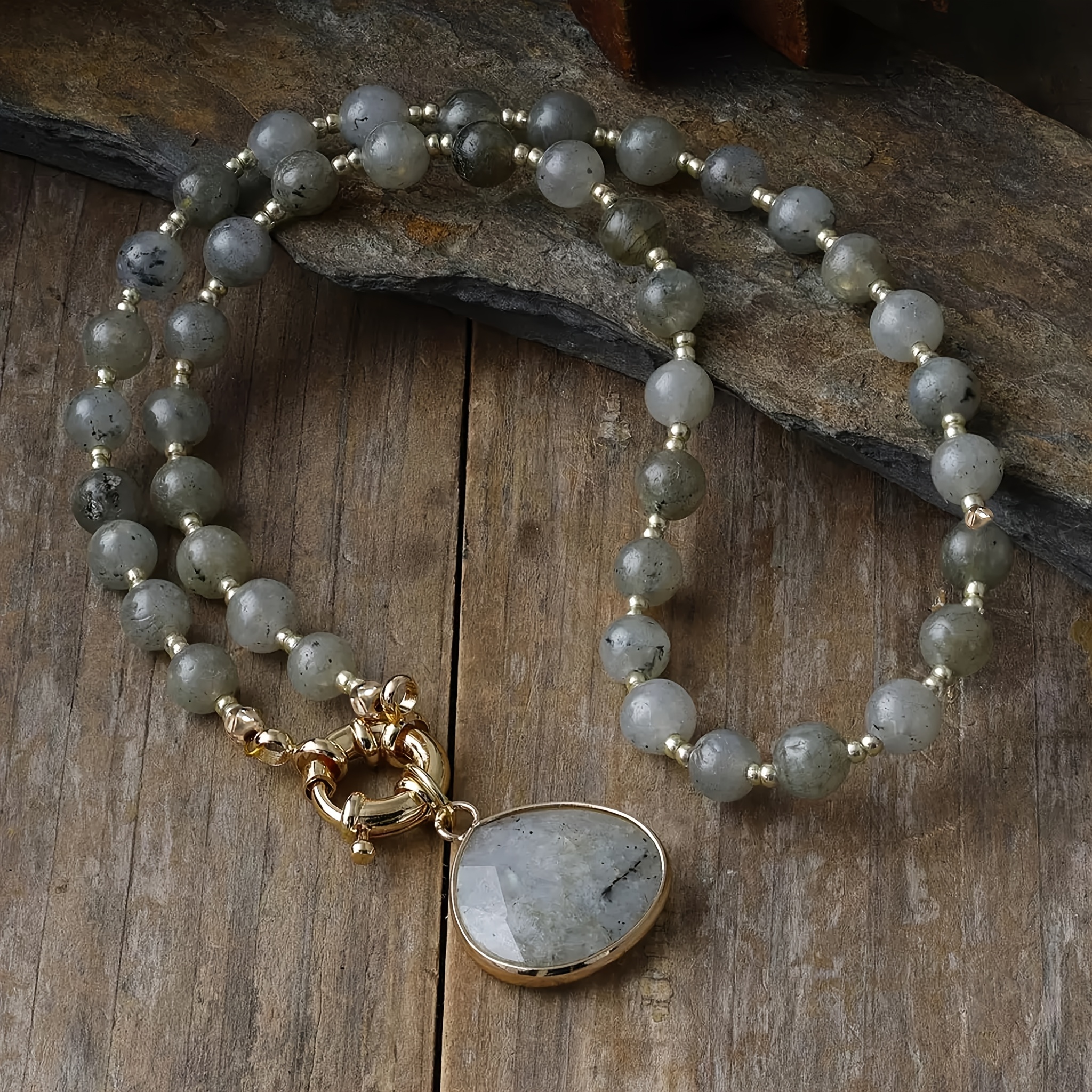 TEMU 1pc Quartz Labradorite Beaded Necklace, Natural Gemstone Teardrop Pendant Necklace With Gold-tone Toggle Clasp, Vintage Statement Necklace For