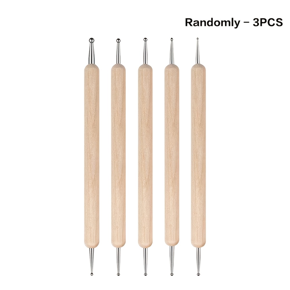 TEMU 3pcs Dual-ended Nail Art Dotting Pens, Wooden Handle Rhinestone Pick Up Tools, Steel Ball Tips For Nail Art, Random Style