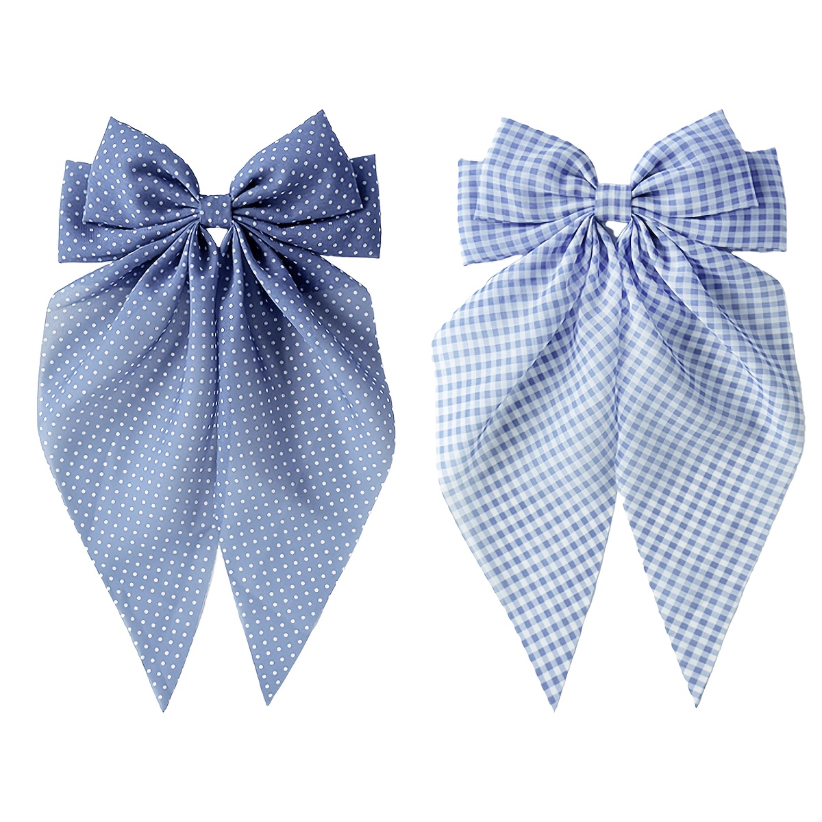 TEMU 2pcs Blue Polka Dot Fabric Long Flowing Bow Spring Clip Hairpins - Women's Elegant And Fashionable Half-up Hairstyle With Bow Ribbon Hair Clips,