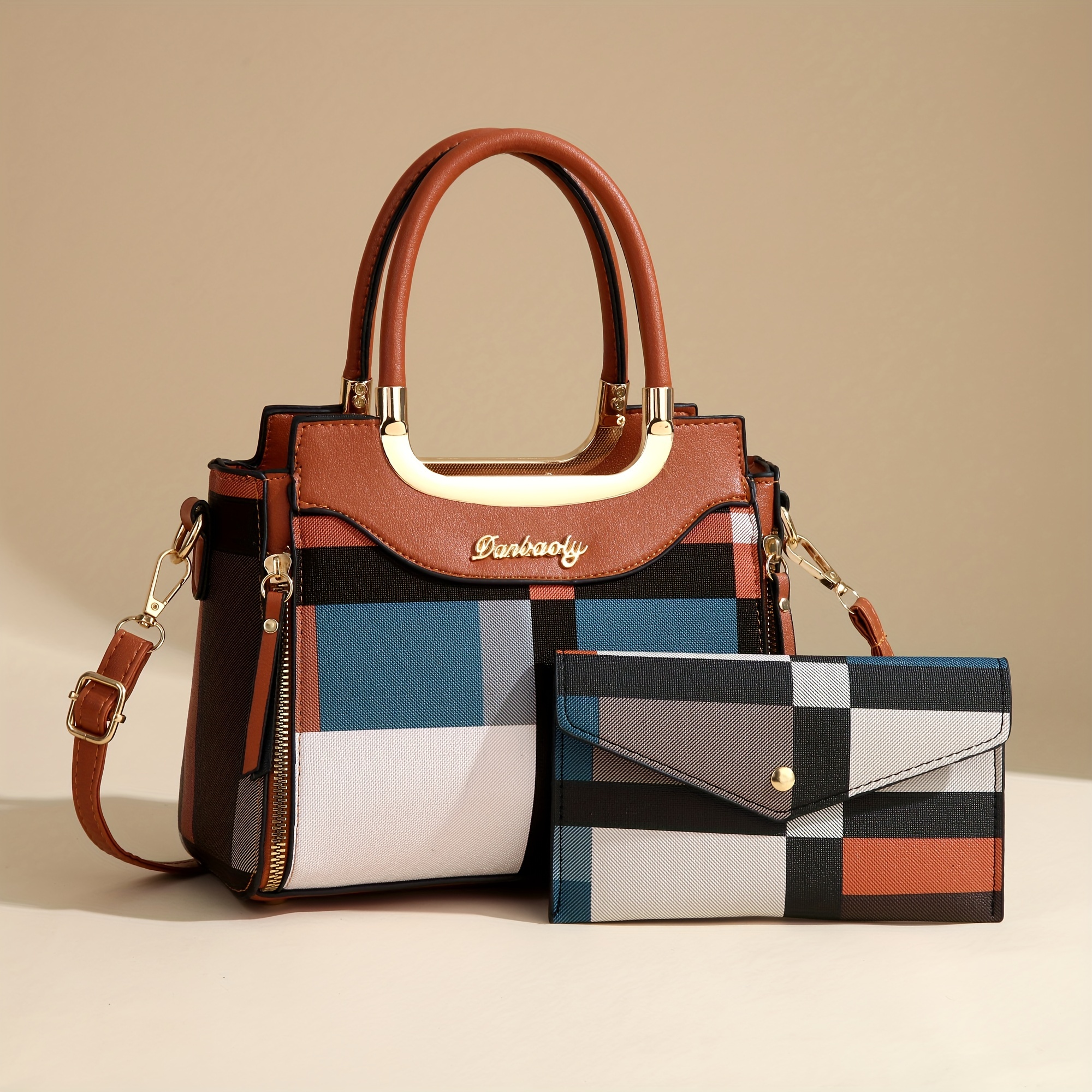 

Chic Colorblock Tote Bag With Matching Wallet - Adjustable Shoulder Strap, Zip Closure, Vintage Style Handbag Set In Black & Colorful Geometric Pattern, Day Or Everyday Use