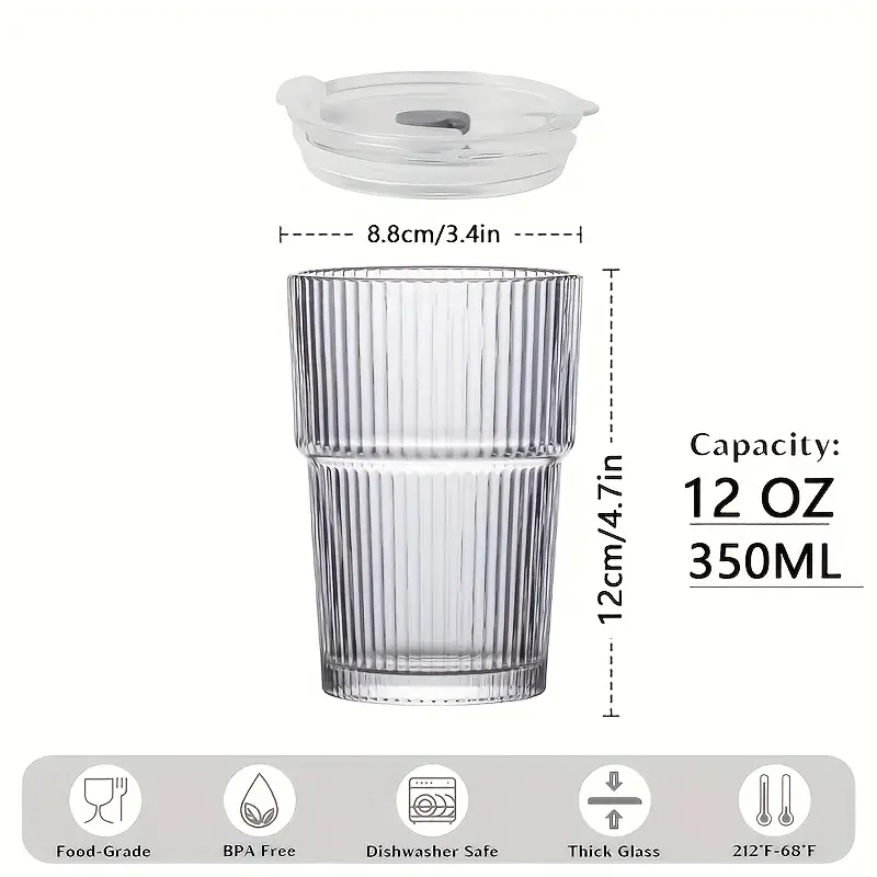 6pcs ribbed glassware glass cups with lids and straws dishwasher safety coffee cups with lids and straw sets reusable iced coffee cups for iced water milk tea Product details 8