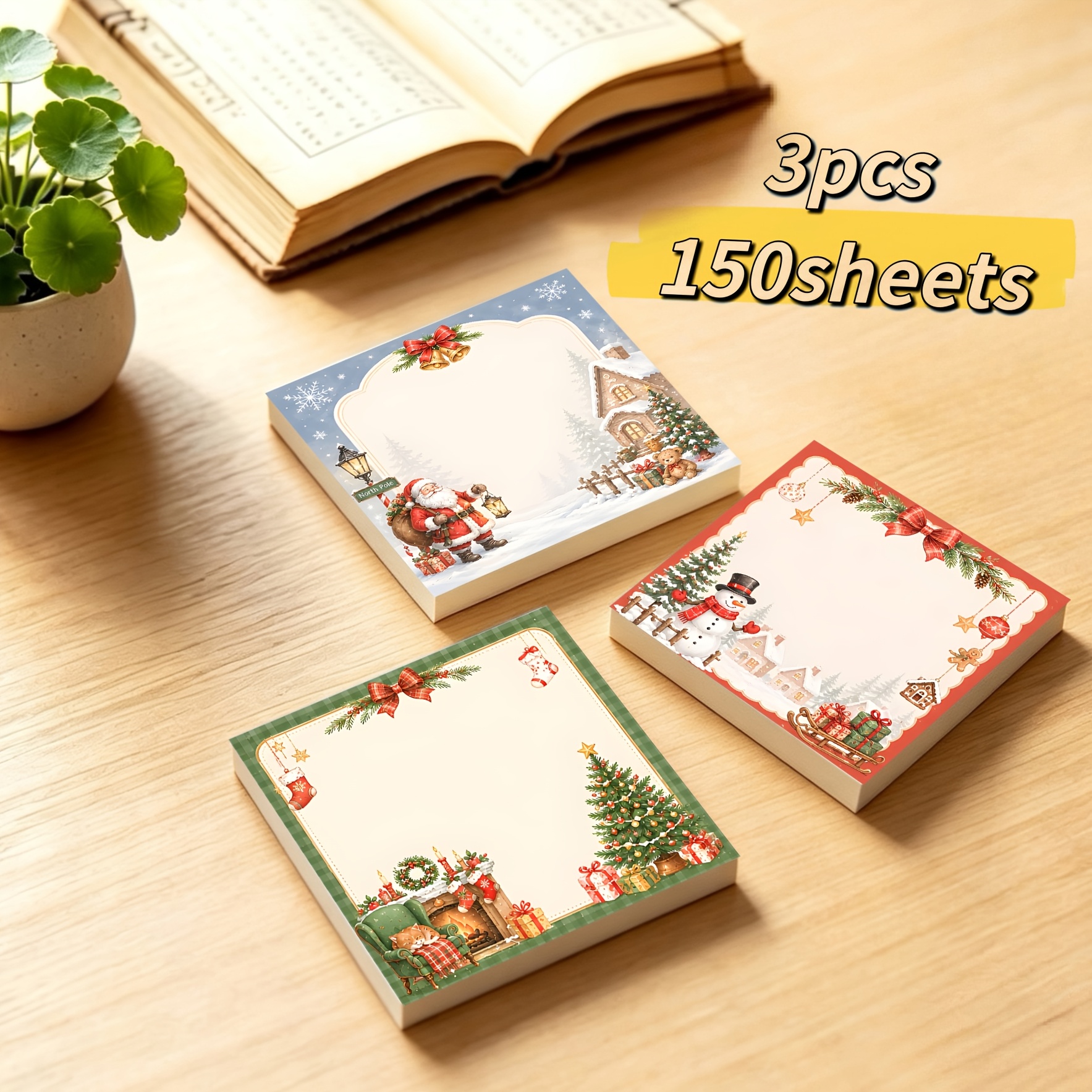 TEMU 3pcs/150 Sheets European Christmas Sticky Notes, Santa Claus Snowy Cottage Border Self-adhesive Memo Pad, Smooth Writing Non-bleeding, Adhering