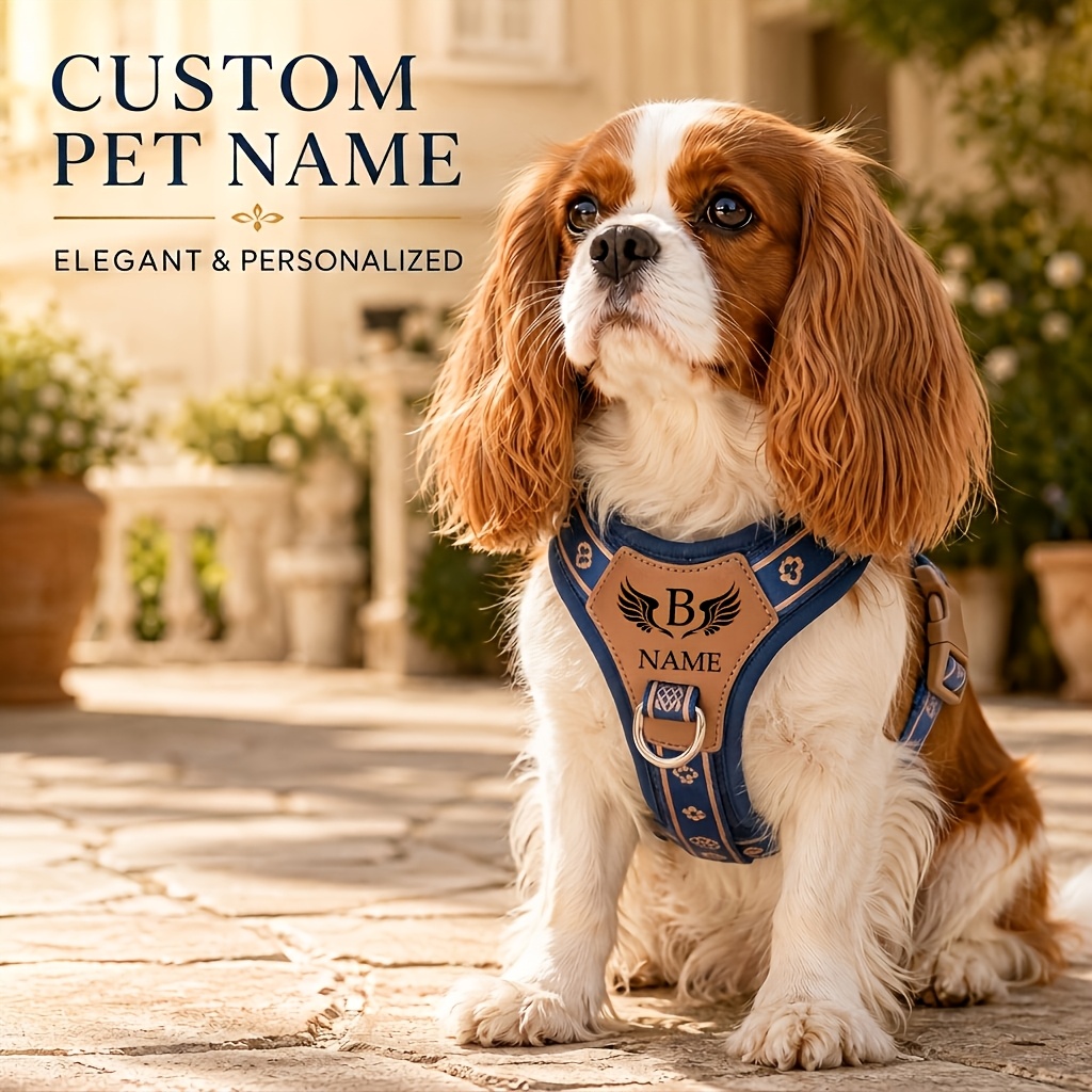TEMU Aanpasbaar Naam Huisdier Tuigje Retro Print Honden Vest Stijl Borst Tuigje Anti-Ontsnapping Ademend Riem Cover Meerdere Maten Kleine Honden