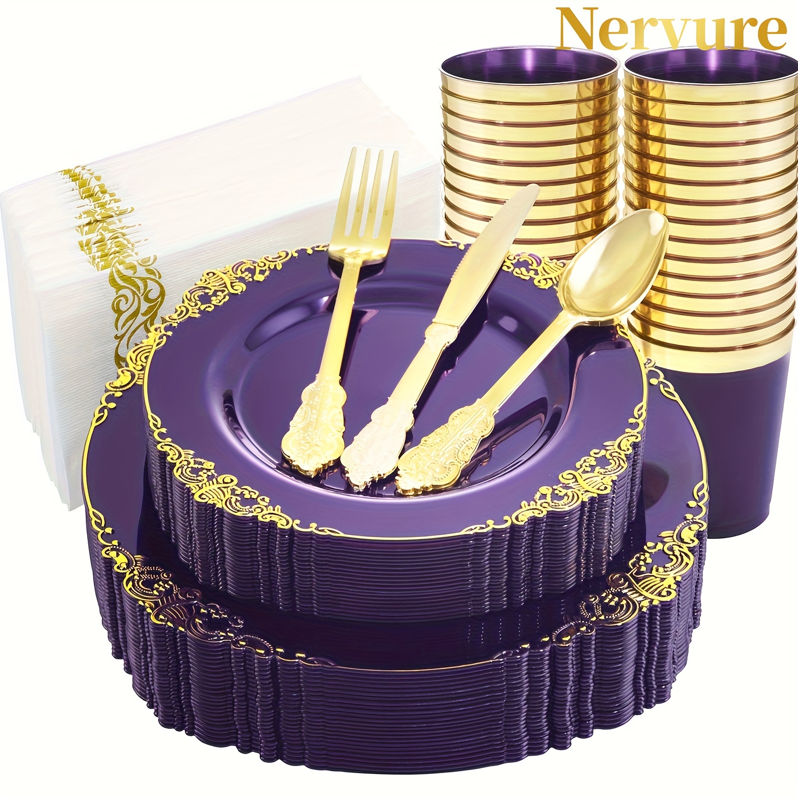 

175pcs Purple/blue/clear Golden Plastic Plates For 25 Guests Include 25dinner & 25dessert Plates, 25cups, 25forks, 25knives, 25spoons, 25napkins For Wedding&party