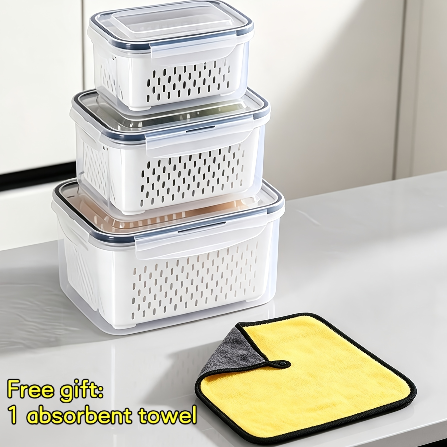 TEMU 9pcs Set (3 Containers + 3 Lids + 3 Colanders) Refrigerator Storage Containers With Colanders, Double-layer Fruit And Vegetable Storage Boxes,