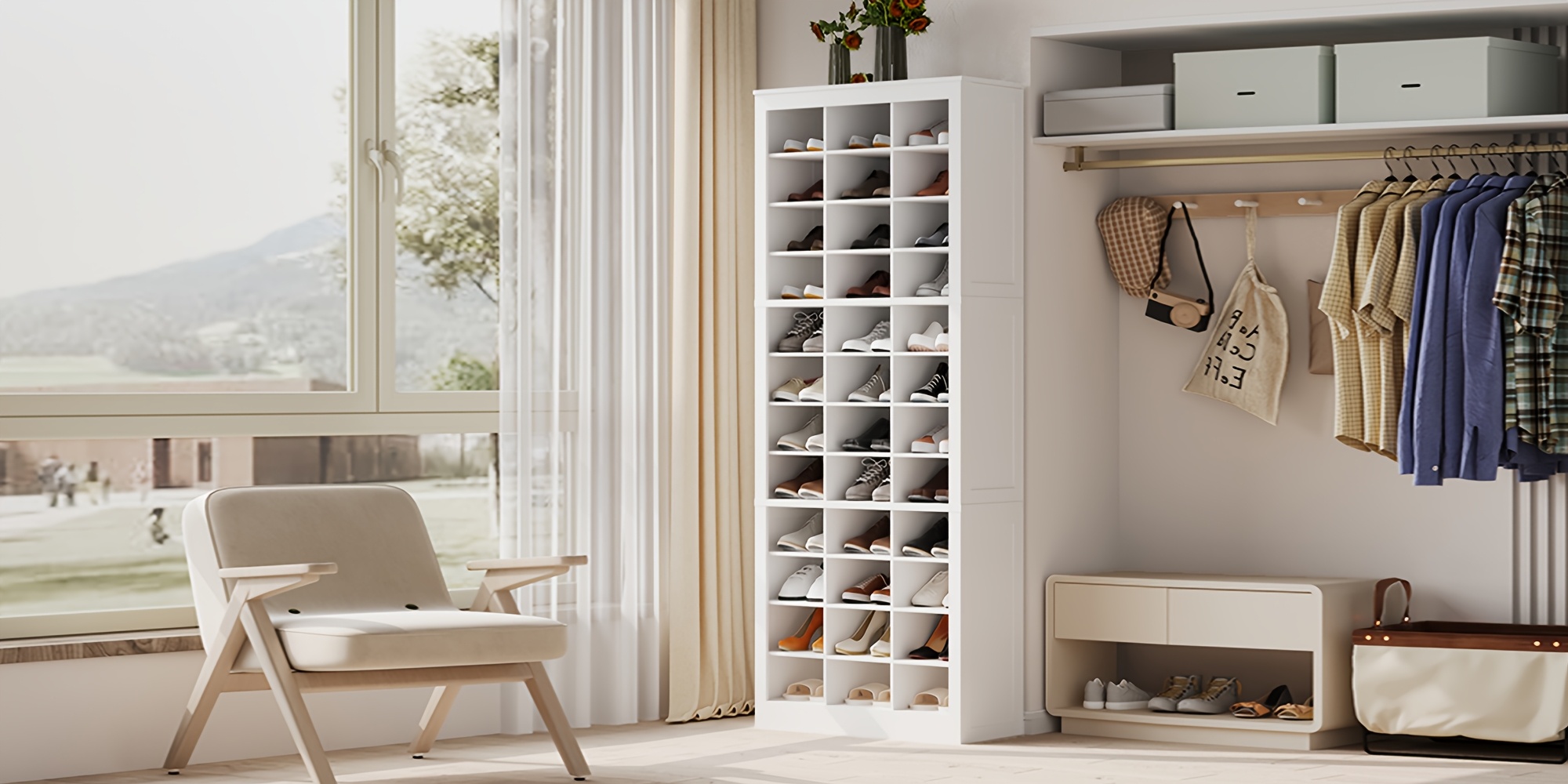 Shoe Storage Unit, Accommodates 36 Pairs, Freestanding Closet Organizer, 8.8-Inch Wide Wooden Shoe Organizer, 12-Tier Vertical Shoe Rack for Entryway And Bedroom, in White And Greige