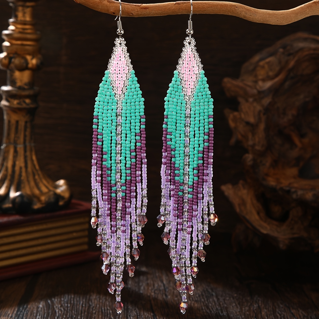 Women's Handmade Mint & Lavender Seed Bead Tassel Dangle Earrings
