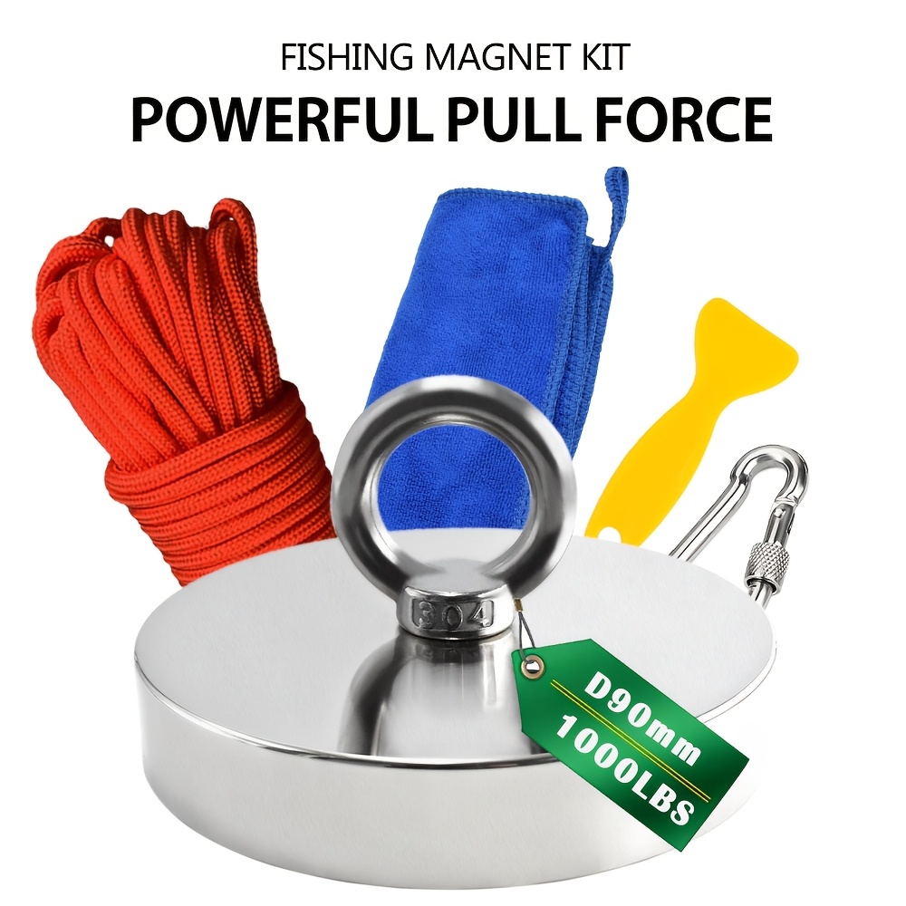 Image of Heavy-duty Commercial Fishing Magnet Kit With Rope - D90mm Magnet Suitable For, Dock, Pier Fishing, Grappling Hook, Locking Carabiner & Threadlocker, Gloves Included, 350kg , 20 Rope For Towing And