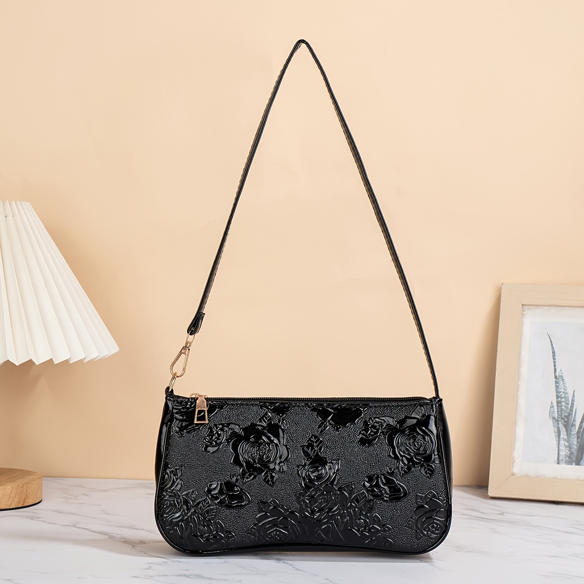 TEMU Sac Baguette Haut de Gamme à Imprimé Rose , Sac à Bandoulière Unique pour Femme, Unie, Brillante, à Sangle Fine, Décontracté et Polyvalent