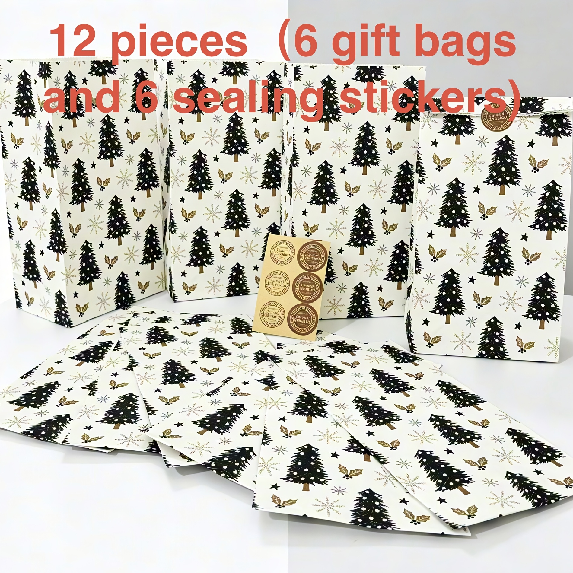 TEMU 12-pack Christmas Christmas Tree Gift Box Packaging Bags, Includes 6 Packaging Bags + 6 Sealing Stickers, Christmas Snowflake Star Themed Party