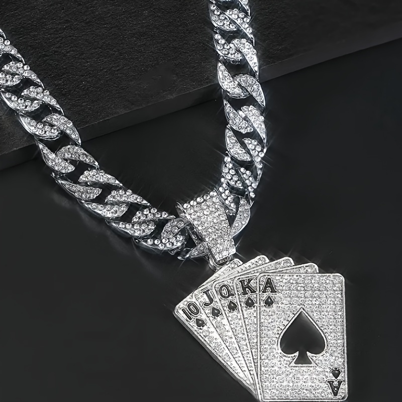 

1pc Stylish Poker Pendant Chain Necklace, Shiny Rhinestones Necklace, Perfect For Party Outings
