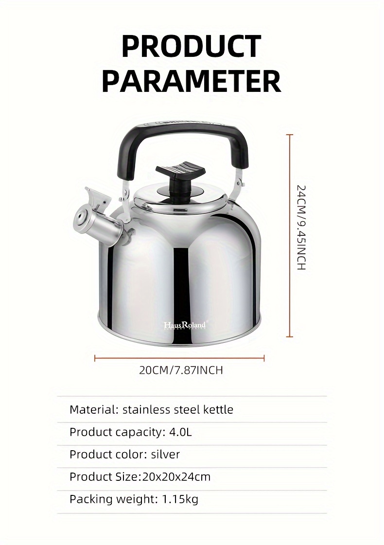 1pc stainless steel whistle kettle 4l 4000ml capacity classic teapot for gas stove electric magnetic stove and ceramic stove reusable and easy to clean details 2