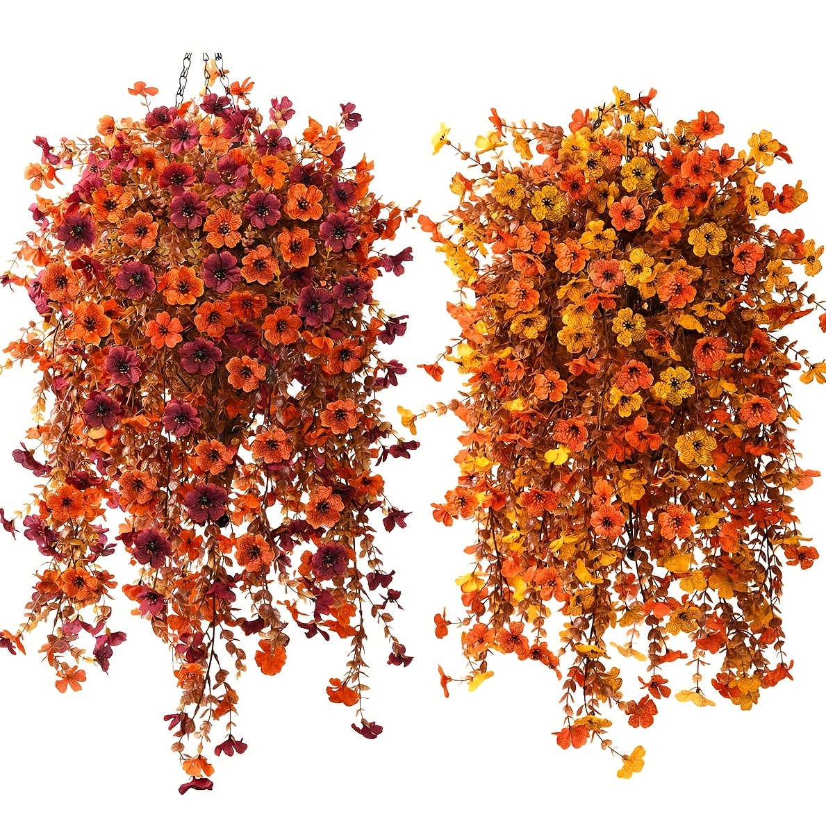 6pcs Artificial Hanging Daisy Shrubs - Fade-Resistant Plastic Outdoor/Indoor Decor with Orange & Brown Flowers, No Maintenance Farmhouse Hanging Basket Decor for Weddings, Thanksgiving, Garden Decorations, Seasonal Display, Vibrant Floral Display