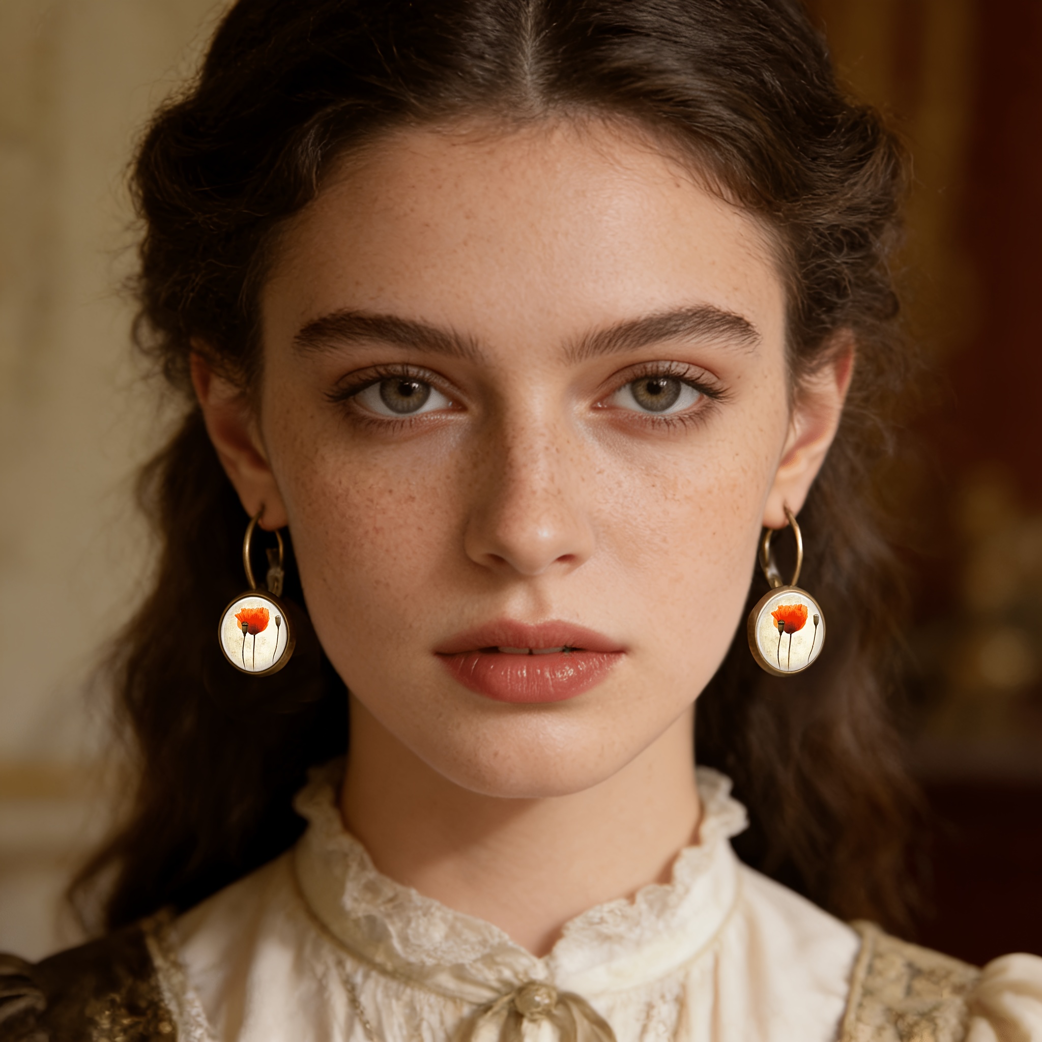 Cyan Round Classical Earrings Set, Floral Design
