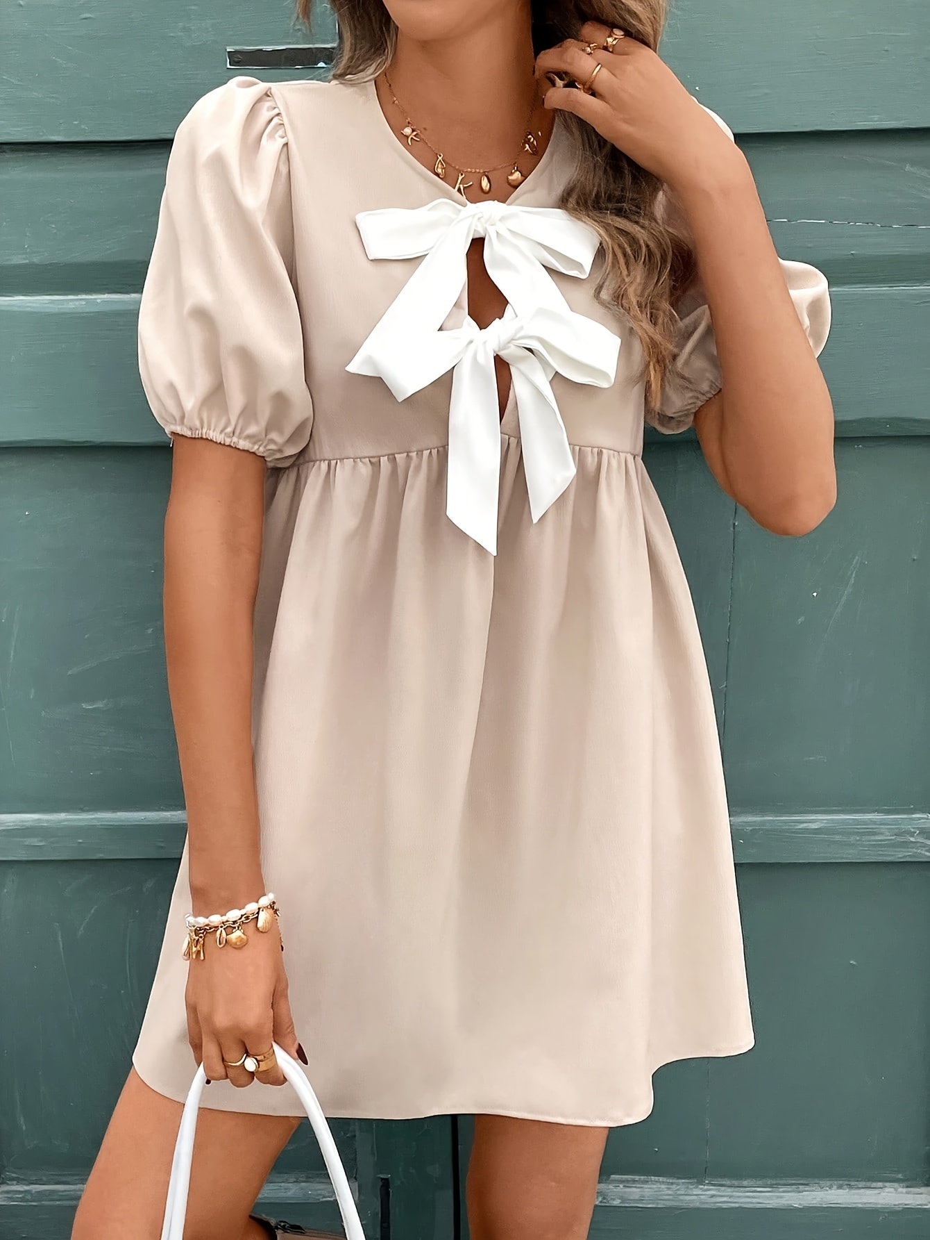 cute semi casual dresses Aoysky Womens V Neck Casual Dresses Summer Loose High Waist Ruffle Pleated  Cute Mini Short Dress Beige at Amazon Women's Clothing store