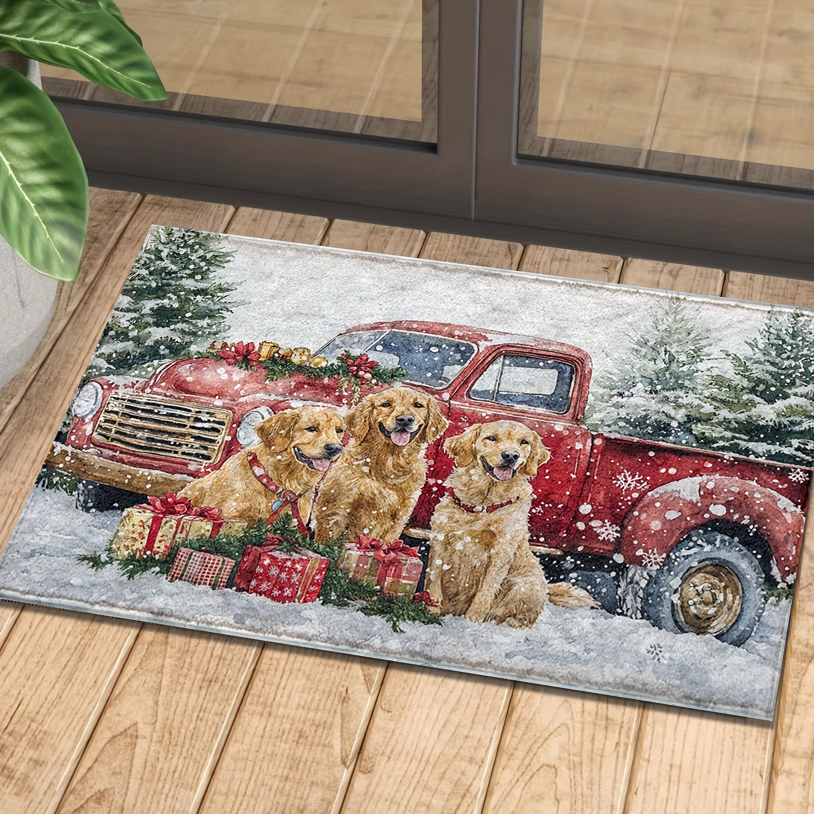 

Festive Christmas Puppy Rug: 3 Adorable Golden Retrievers With A Red Truck And Presents, 40cm X 60cm, Machine Washable, Non-slip Rubber Backing, Perfect For Home Decor And Holiday Parties