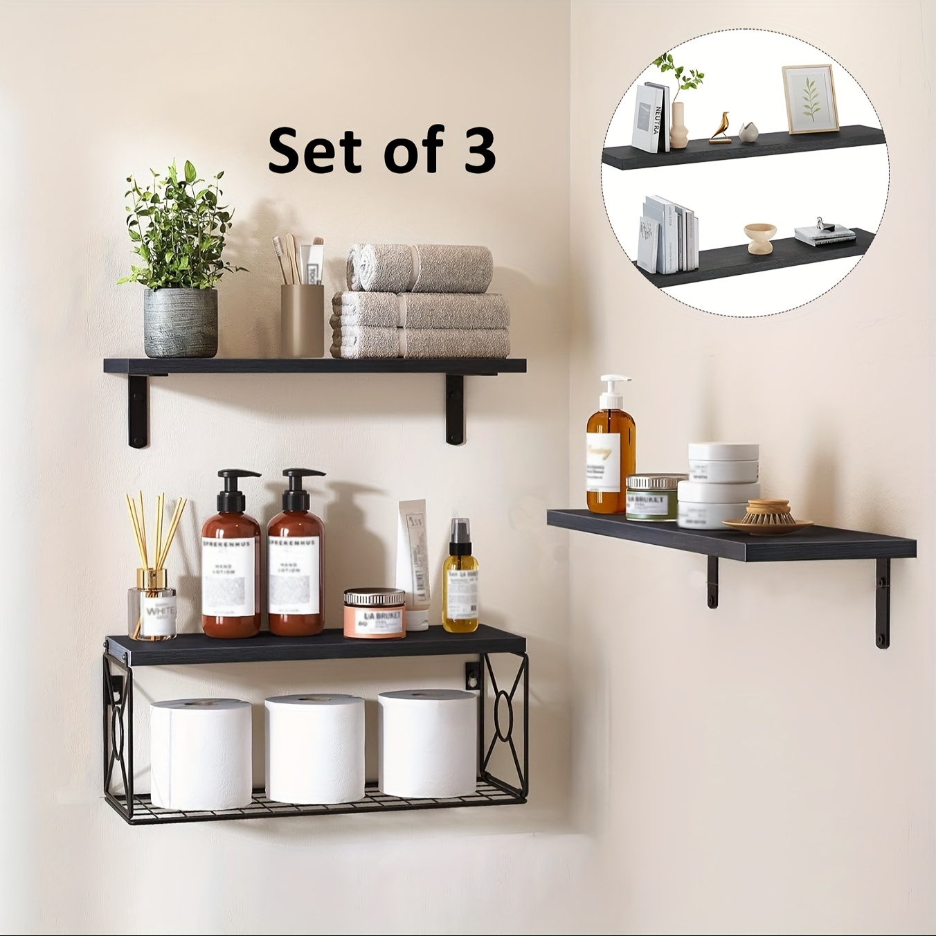 

Set Of 3 Bathroom Shelves Over Toilet, Wood Floating Shelves Over Toilet With Wire Storage Basket, Floating Wall Shelves For Bedroom, Living Room, Kitchen And Bathroom, Floating Shelf For Wall -black