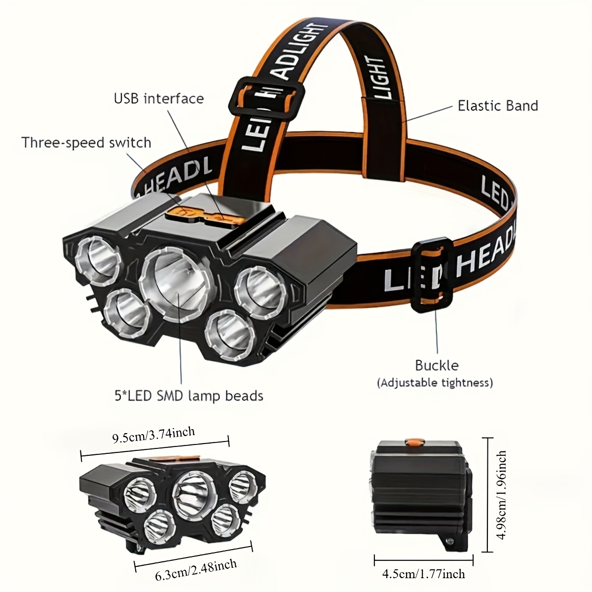 TEMU Multifunctional 5led Headlight Flashlights Outdoor Usb Rechargeable Fishing Headlight 4 Flashlights Suitable Ipx5 Waterproof For Camping