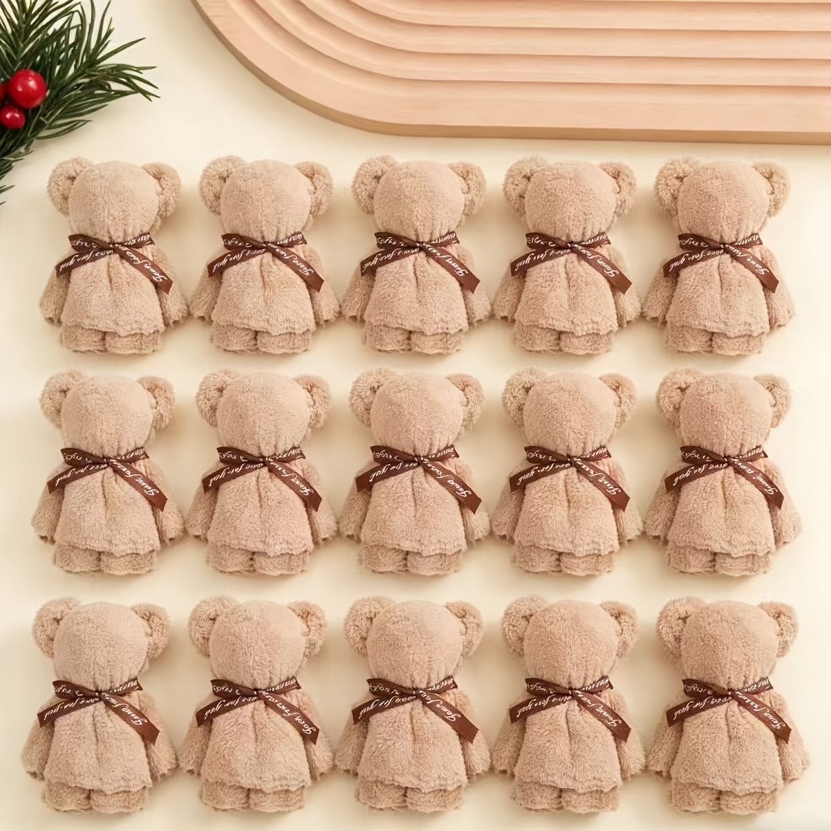 Image of 15pcs Cute Bear-shaped Towels, 30x30cm (11.81x11.81in), Fleece Absorbent Hand Towels, Perfect For Wedding Favors, Showers, Birthday Party Gifts, And Home Bathroom Use