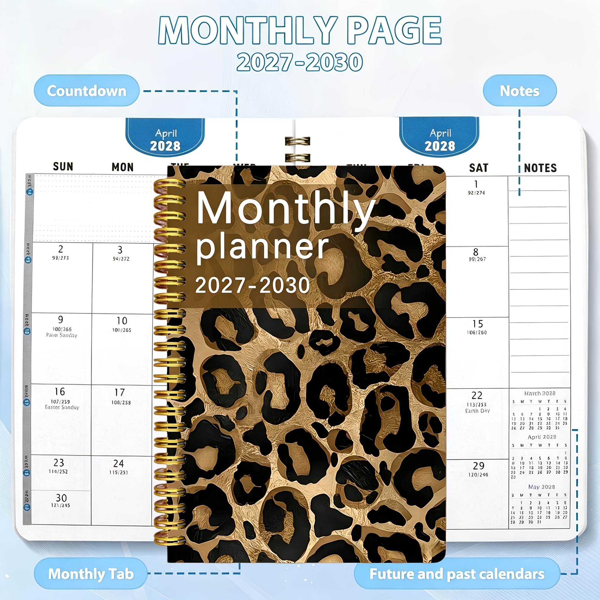 TEMU 2027-2030 Monthly Planner, 4-year 48-month Calendar - A5 Size Leopard Print Cover Design, Multiple Colors Available, Spiral Bound - Compact Size