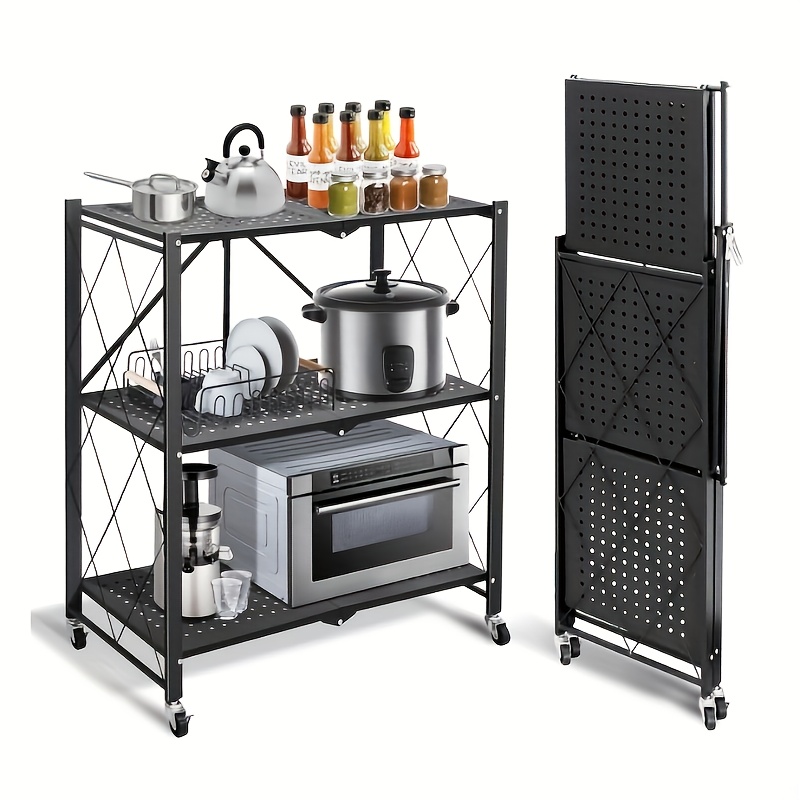 A Foldable Storage Rack That With A Single Touch, Featuring A Standing , , Collapsible Shelves With Wheels, Ideal For Use In Kitchens, , , Rooms, And Basements, Standing Shelf