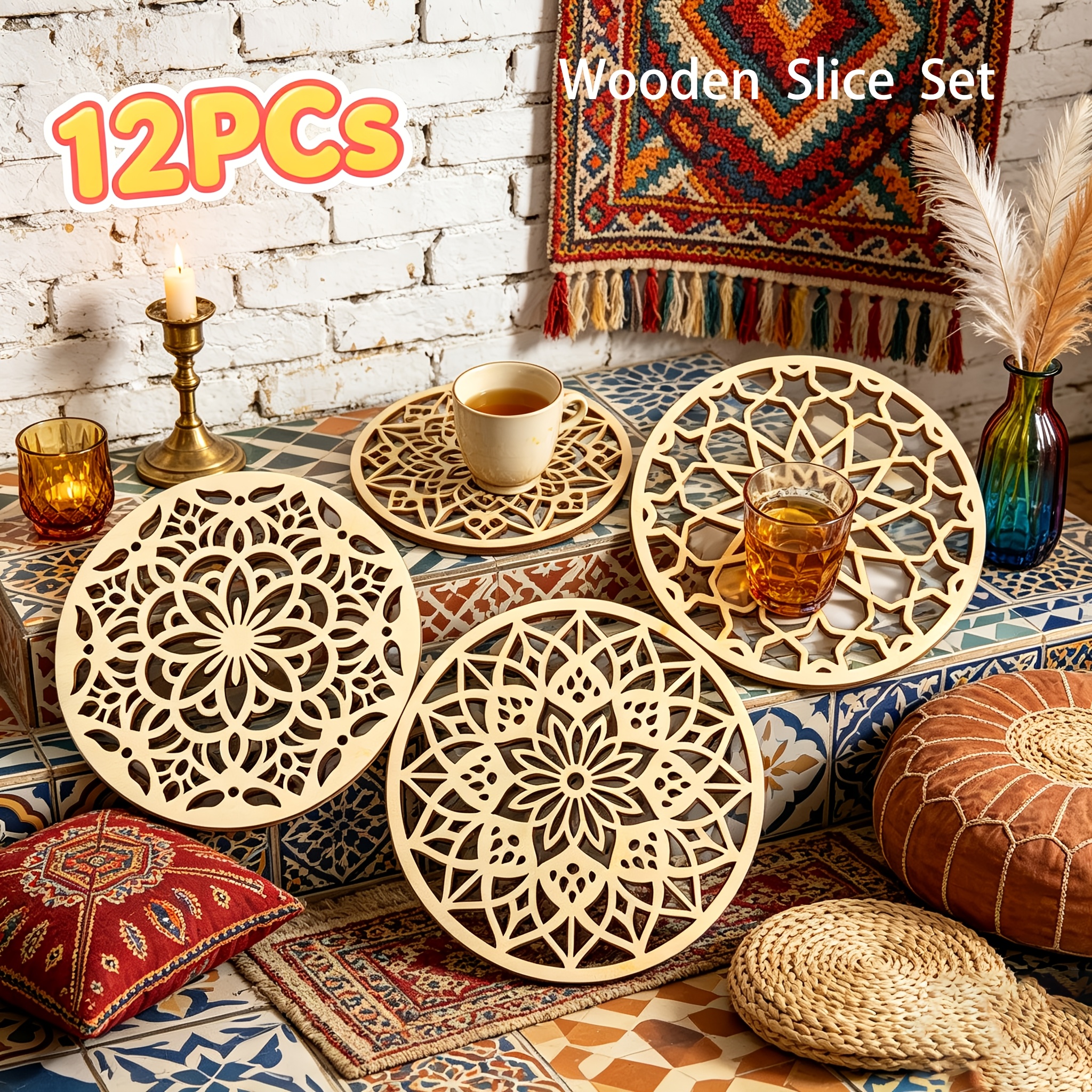 TEMU 12pcs Set Of Mandala-patterned Geometric Openwork Natural Wood Art Pieces Exotic Home Decor Additions Elements For A Mysterious Vintage