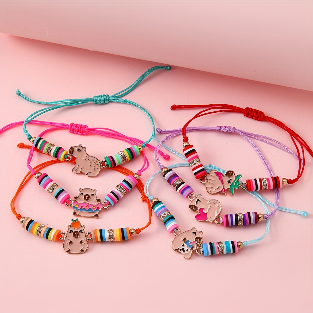 6pcs Cute Capybara Alloy Adjustable Pull String Bracelet Set