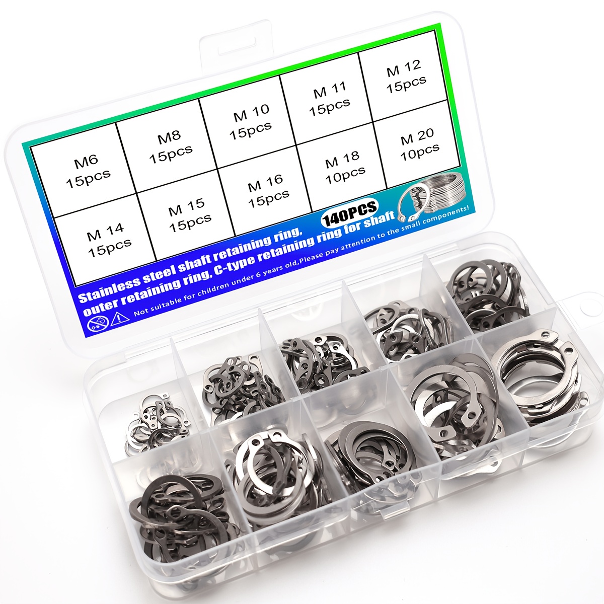 TEMU Kit de externes en acier inoxydable 304, 140 pièces, comprenant des pinces à circlip, une combinaison d'anneaux de rétention d'arbre M6-M20, des