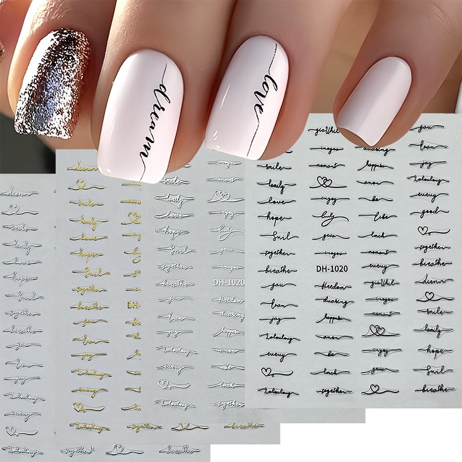 4pcs Stickers String Of Letters Design Slider Golden Silvery Black White Holographic Y2k Decals Diy Manicure Accessories Tool Nail Supplies