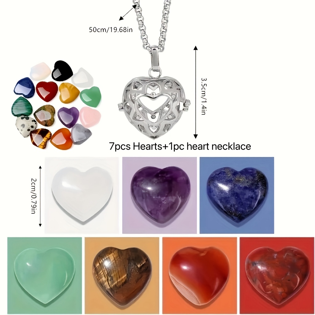 TEMU 8pcs/set Natural Stone Heart-shaped Necklace Silvery Cage Pendant Set Meaningful Jewelry Collection For Women, Valentine's Day Gifts, Birthdays,