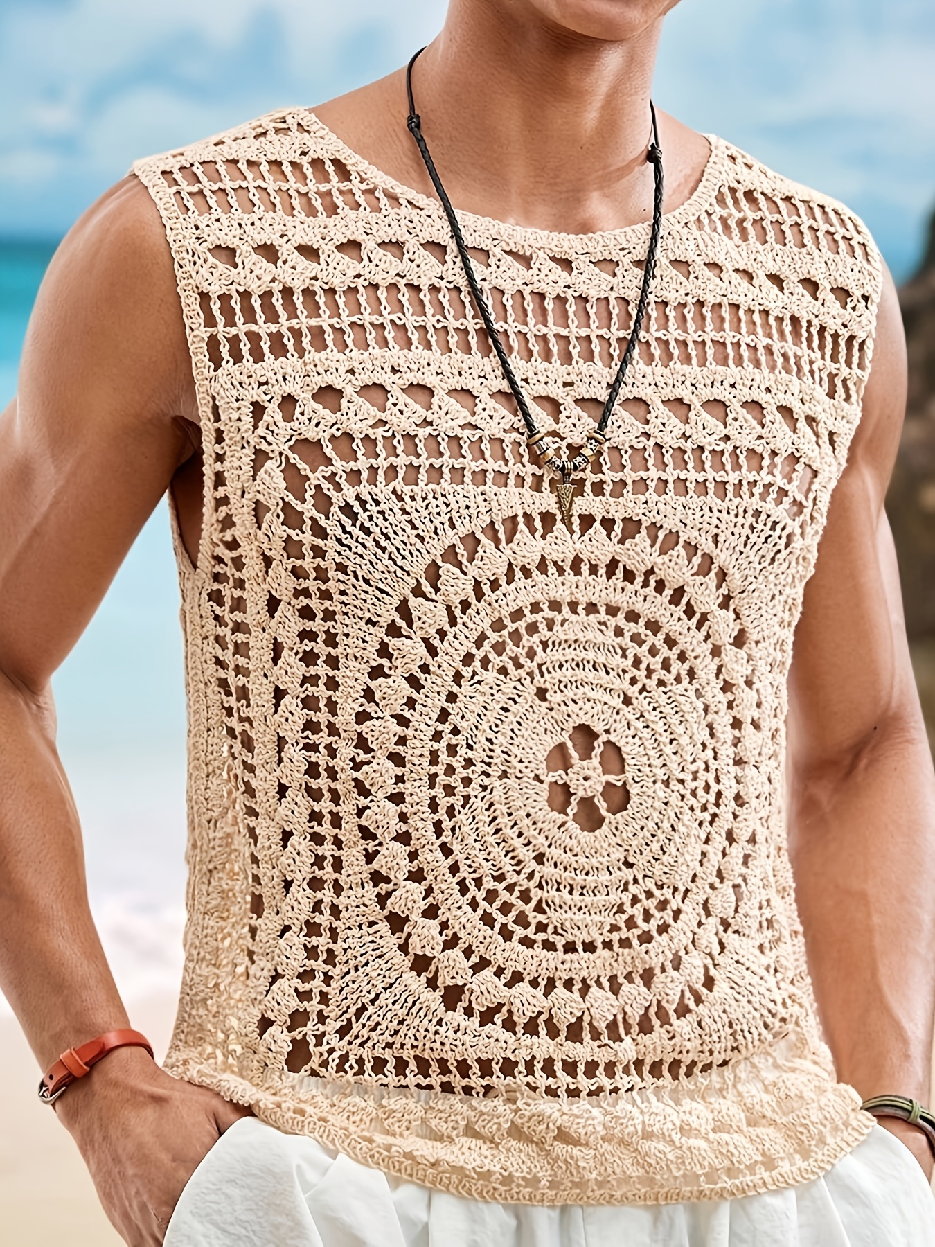Men's Casual Solid Color Crew Neck Hollow-Out Knitted Vest, Men's Crochet Top, Men's Summer Top, Men's Beach Top, Men's Tank Top, Holiday Sleeveless Men's Crochet Top, Men's Crochet Tank Top, Men's Holiday Top, Men's Mesh Top, Men's Sleeveless Top