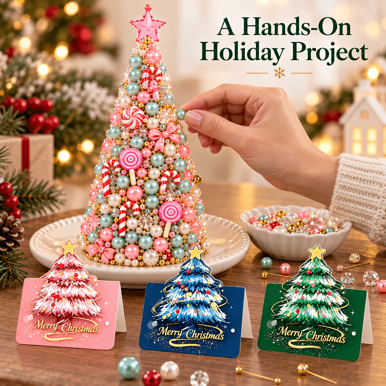 TEMU Complete Diy Beaded Christmas Tree Making Kit - Handmade Mini Desktop Tree With 5-color Round Beads & Red-tailed Winter Bird Ornaments, No Glue