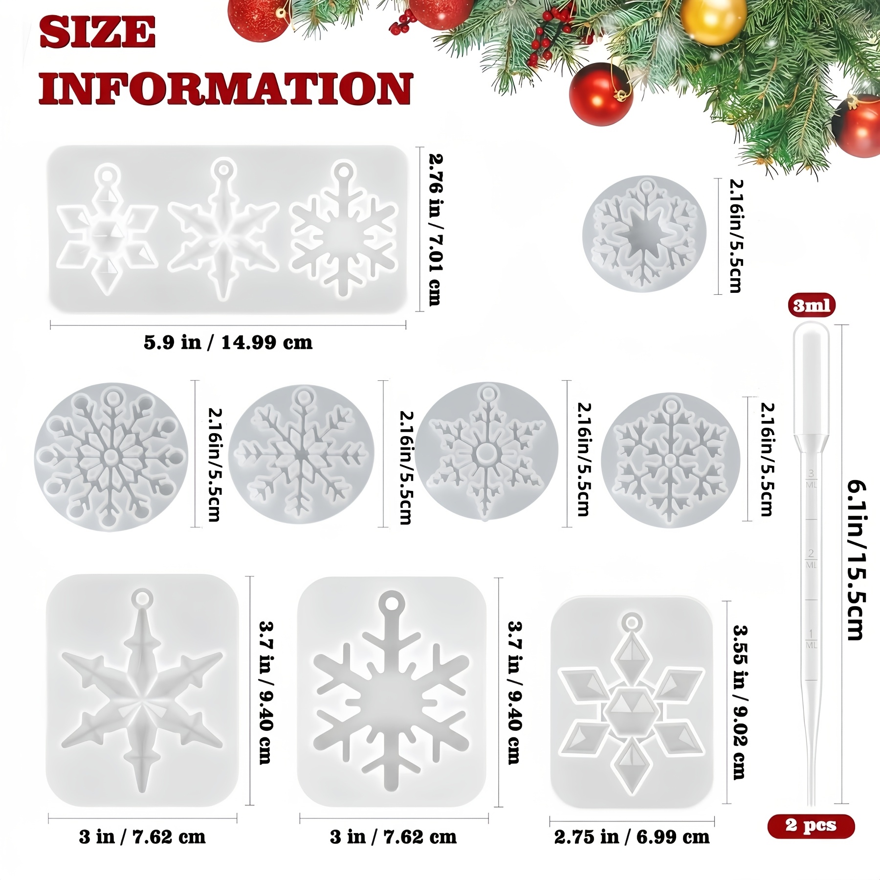 TEMU Snowflake Resin Mold Kit, Includes 9pcs Molds And 2pcs Droppers, 3d Snowflake Silicone Molds For Epoxy Resin, Christmas Decor Resin Molds, Resin